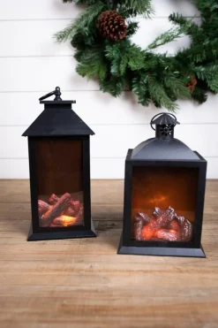Sale 13.4” Battery Operated Fire Log Lantern With Timer Christmas Accents