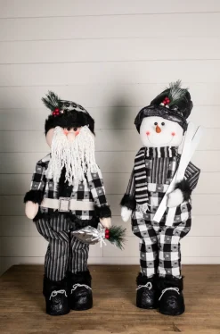 New 32” Black And White Buffalo Check Santa And Snowman Plush Figurine Christmas Accents