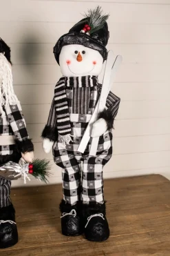 New 32” Black And White Buffalo Check Santa And Snowman Plush Figurine Christmas Accents
