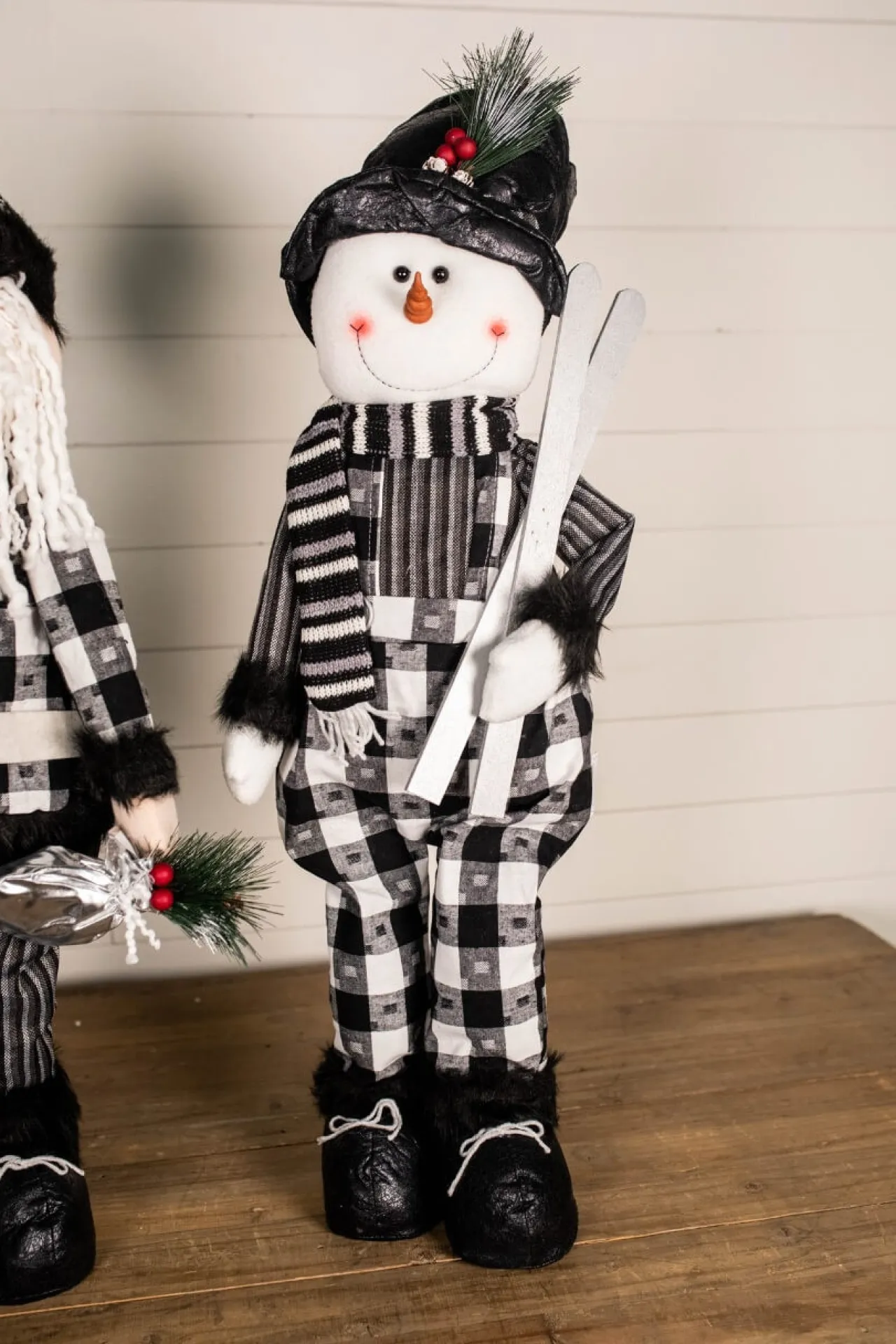New 32” Black And White Buffalo Check Santa And Snowman Plush Figurine Christmas Accents