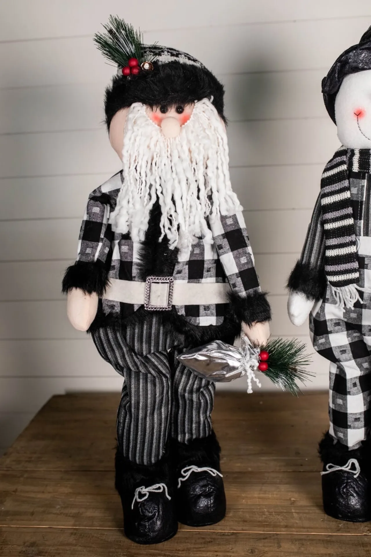 New 32” Black And White Buffalo Check Santa And Snowman Plush Figurine Christmas Accents