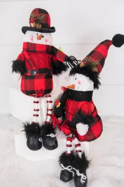 Clearance 15” Buffalo Check Plush Snowman Shelf Sitter With Dangle Legs Christmas Accents