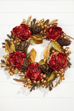 Cheap 24" Burgundy & Gold Peony Laurel Berry Wreath Christmas Wreaths