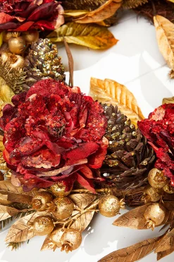 Cheap 24" Burgundy & Gold Peony Laurel Berry Wreath Christmas Wreaths