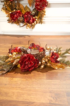 Sale 24" Burgundy/Gold Three Peony Laurel Christmas Accents