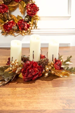 Sale 24" Burgundy/Gold Three Peony Laurel Christmas Accents