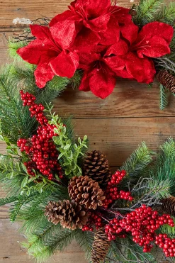 Cheap 30” Christmas Amaryllis/Pine Wreath Christmas Wreaths