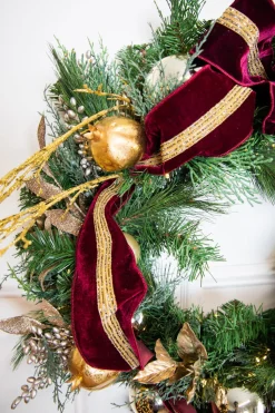 Best 30” Cordless Prelit Crimson & Gold Holiday Wreath Christmas Wreaths