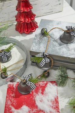 Hot 48” Galvanized Bells Garland With Country Check Bows Christmas Accents