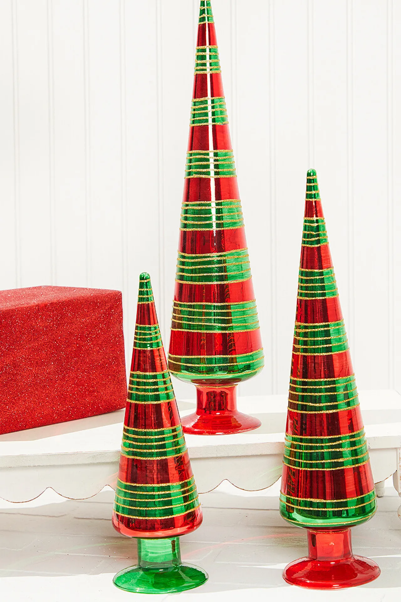 Cheap 12" Glass With Glitter Stripe Tree Christmas Accents