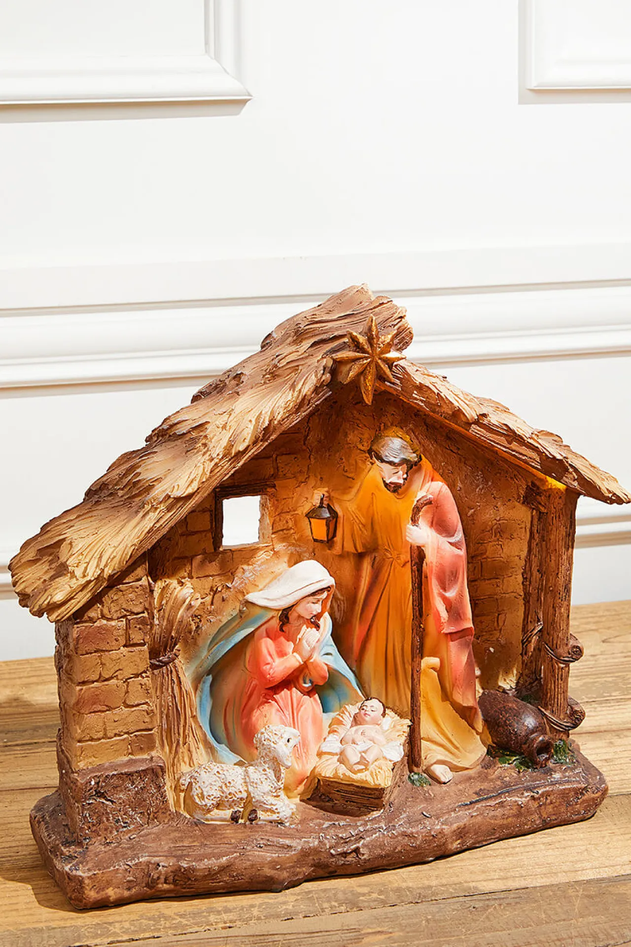 Cheap 16" LED Resin Nativity In Creche With Timer Christmas Accents