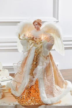 Store 16" Lit Champagne Gold Angel Tree Topper Christmas Accents