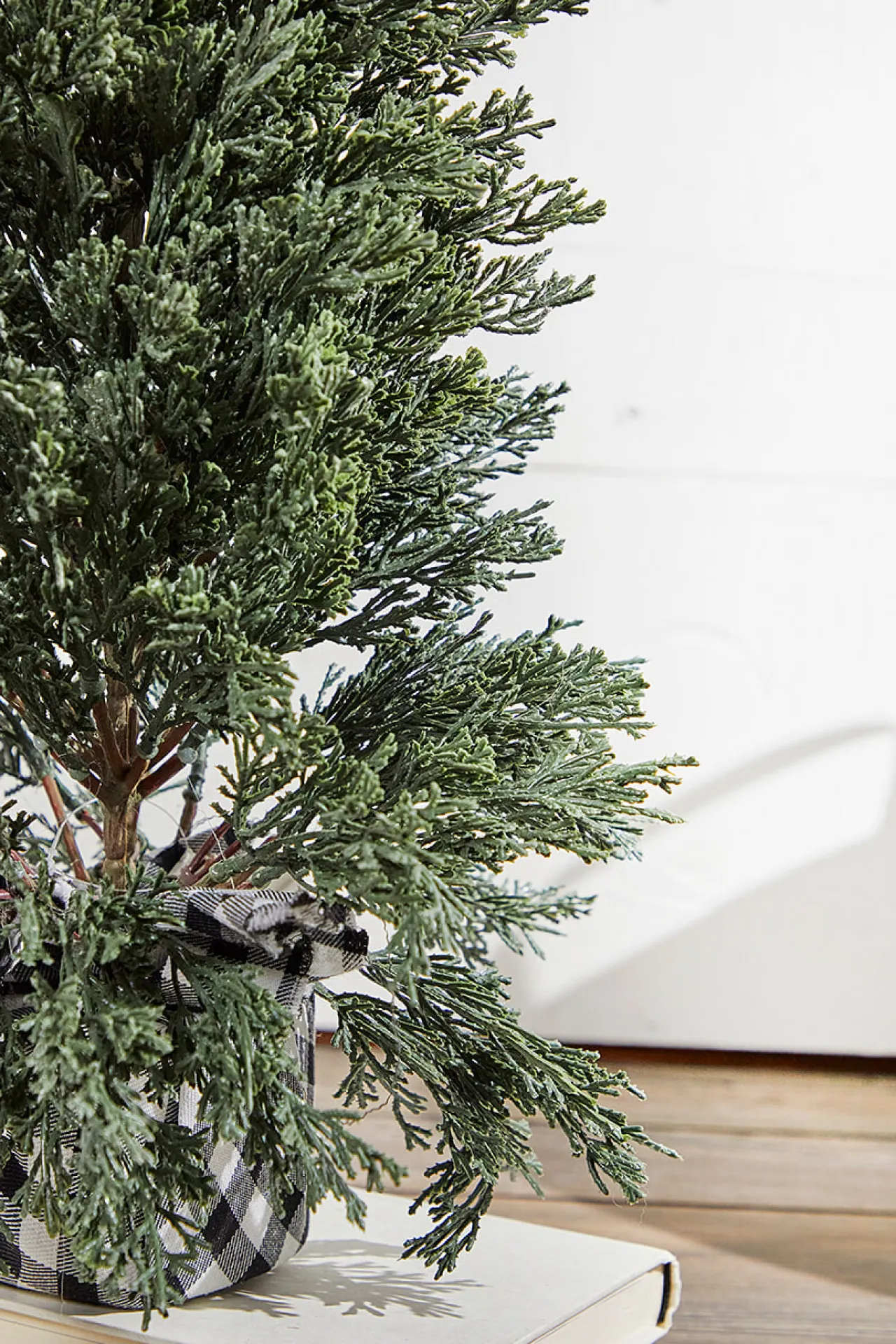 Fashion 24" Plastic Cedar Tree In Black & White Buffalo Fabric Bucket Christmas Accents