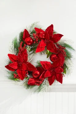 Hot 22” Poinsettia With Pine Wreath Christmas Wreaths
