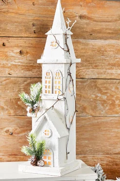 Cheap 21" Pre-Lit Wooden Church Christmas Accents