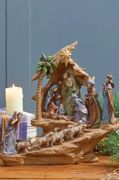 Store 13.5" Resin Stairway Nativity With Sheep Herd Christmas Accents