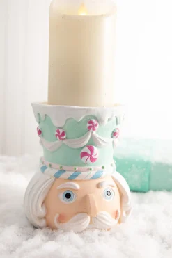Best 5.5” Teal Resin Pastel Candy Nutcracker Candle Holder Christmas Accents