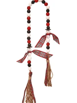 New 34” Wood Bead Snowman With Plaid Garland Christmas Garlands