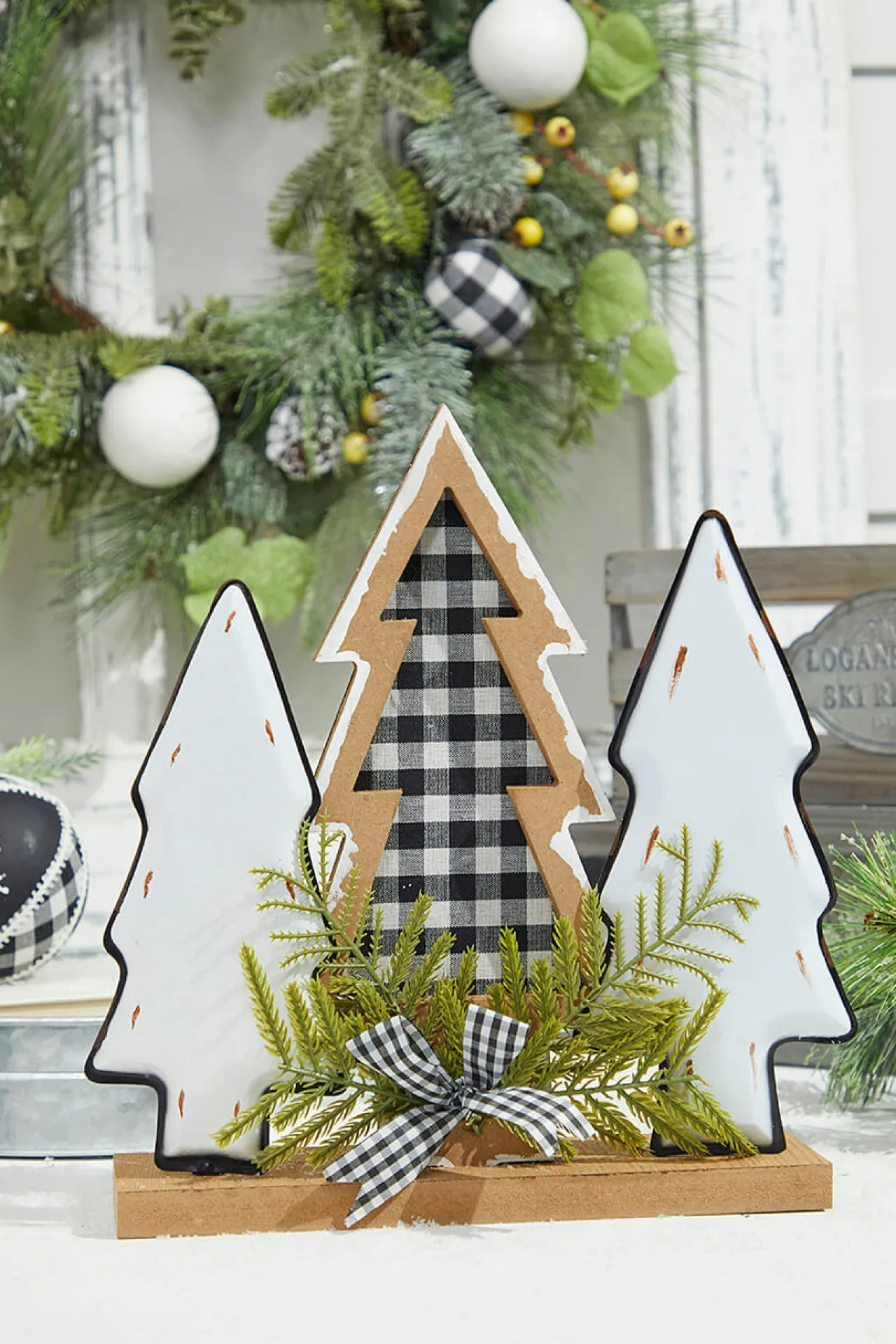 Clearance 12" Wood Holiday Trees With Plaid Bow Christmas Accents