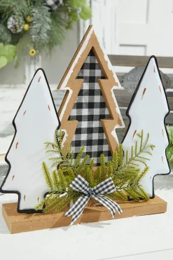 Clearance 12" Wood Holiday Trees With Plaid Bow Christmas Accents