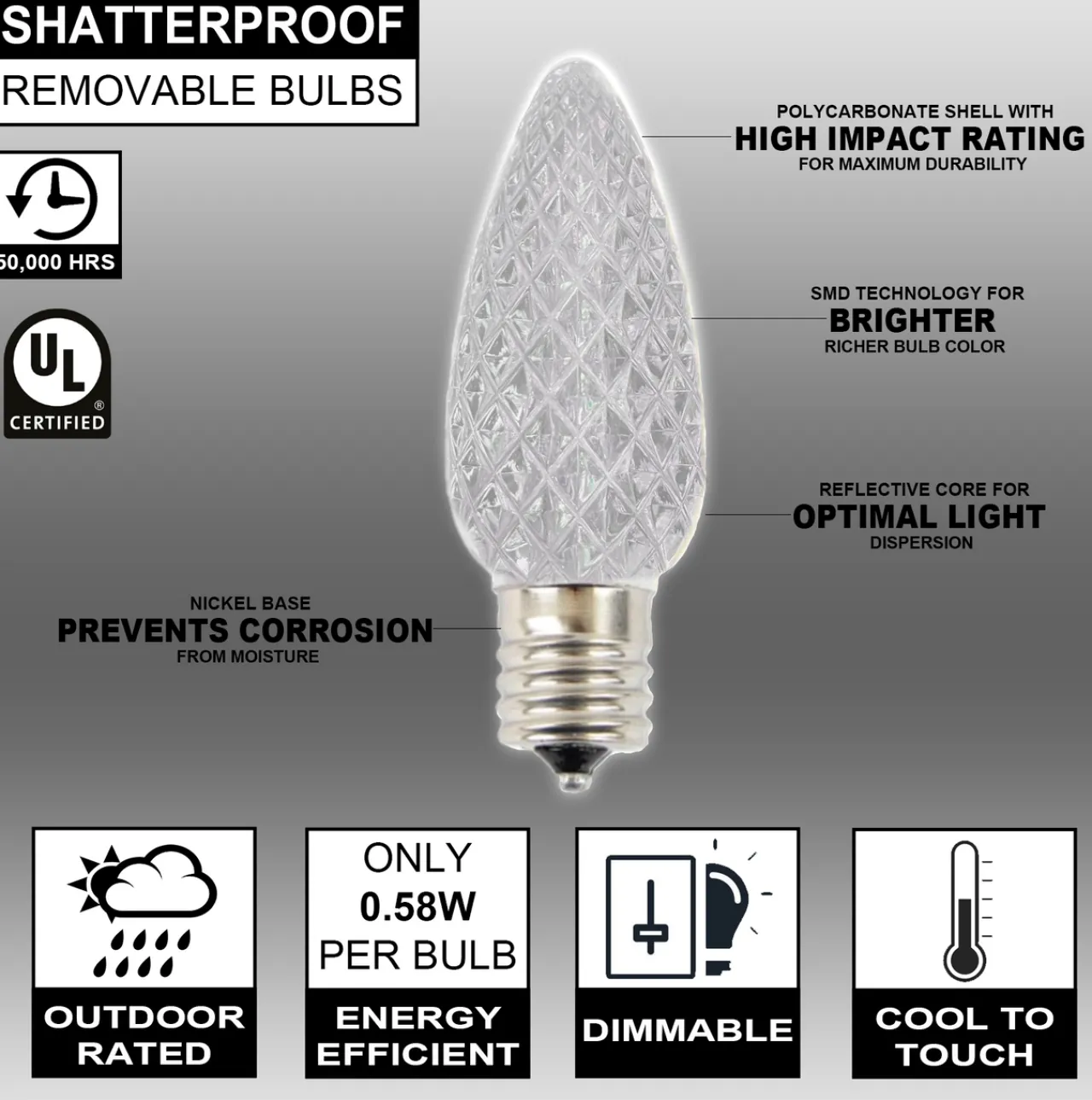 New C9 Wonderful LED SMD Bulb (25 Bulbs/bag) - Faceted, Cool White Bulbs|Outdoor Lighting