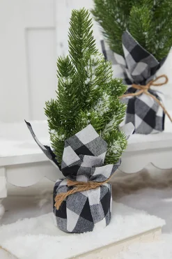 Hot Flocked Pine Tree With Plaid Fabric - Small Christmas Accents
