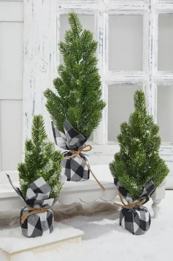 Hot Flocked Pine Tree With Plaid Fabric - Small Christmas Accents