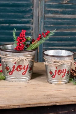 New Galvanized Metal “Joy” Containers - Set Of 2 Christmas Accents