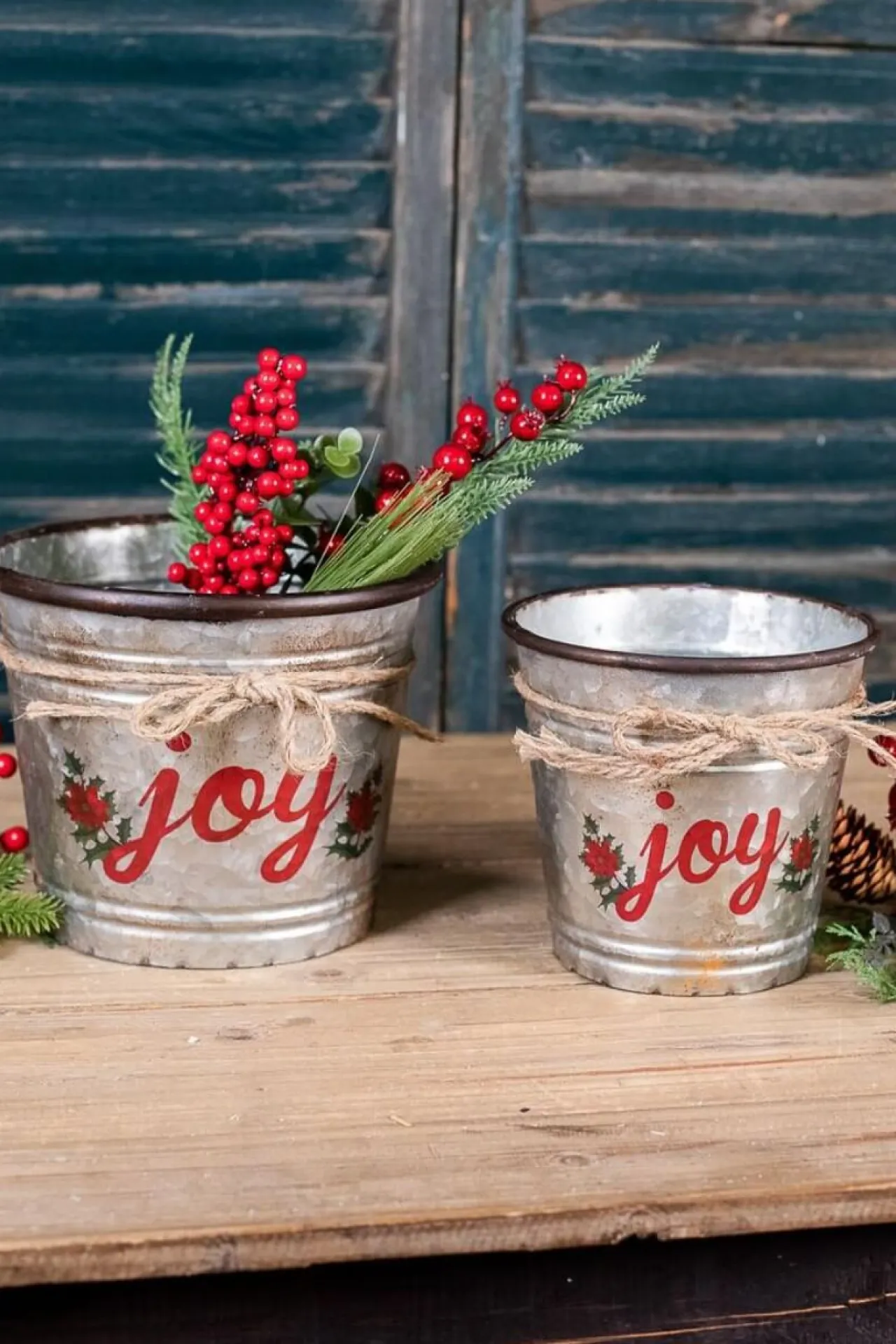New Galvanized Metal “Joy” Containers - Set Of 2 Christmas Accents