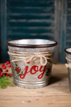 New Galvanized Metal “Joy” Containers - Set Of 2 Christmas Accents
