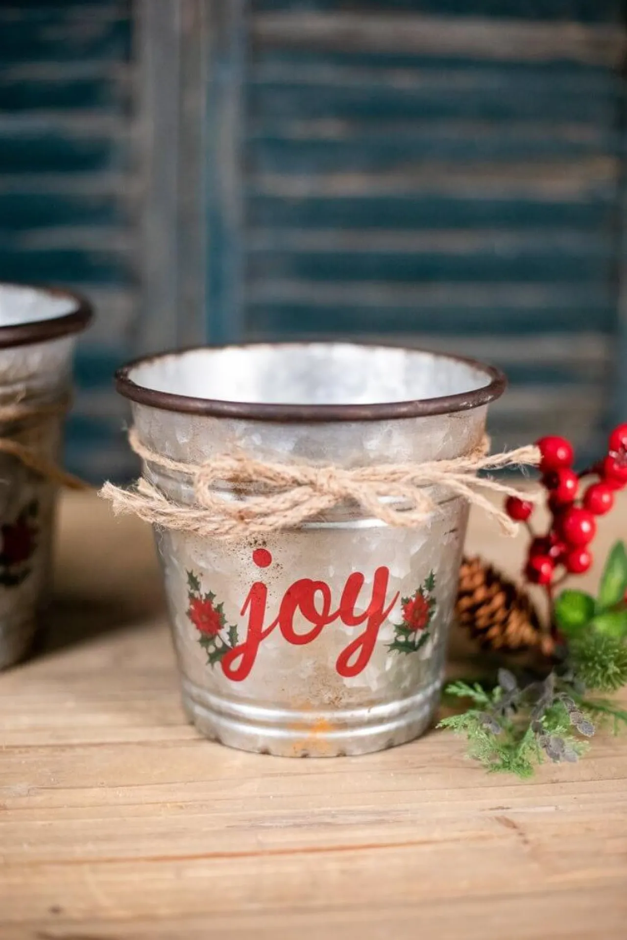 New Galvanized Metal “Joy” Containers - Set Of 2 Christmas Accents