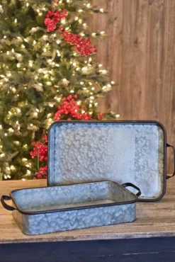 Cheap Galvanized Metal Trays - Set Of 2 Christmas Accents