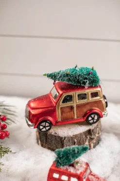 Clearance Glass Car With Bottle Brush Tree Décor Christmas Accents