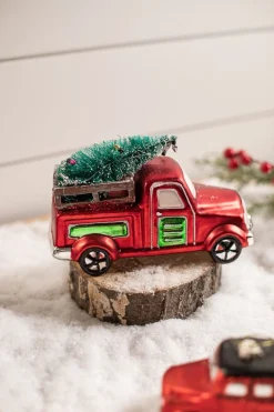 Clearance Glass Car With Bottle Brush Tree Décor Christmas Accents
