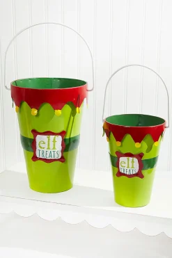 New Green With Red Elf Treats Bucket Set Christmas Accents
