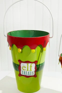 New Green With Red Elf Treats Bucket Set Christmas Accents