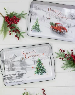 Cheap 17.3”L Holiday Farmhouse Red Truck Scene Tray Christmas Accents