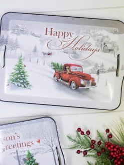 Cheap 17.3”L Holiday Farmhouse Red Truck Scene Tray Christmas Accents