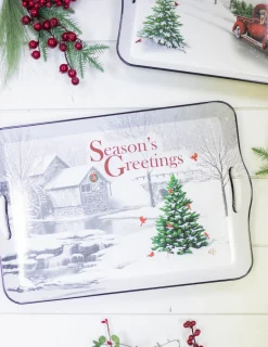 Cheap 17.3”L Holiday Farmhouse Red Truck Scene Tray Christmas Accents
