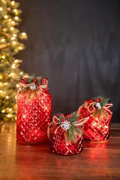 Discount Lighted Holiday Glass Luminary W/ Floral Accent And Timer (battery Operated) - Set Of 3 Christmas Accents
