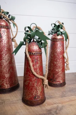 Hot Metal Holiday Bells With Bow & Jute Hanger - Set Of 3 Christmas Accents