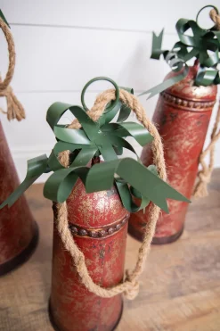 Hot Metal Holiday Bells With Bow & Jute Hanger - Set Of 3 Christmas Accents